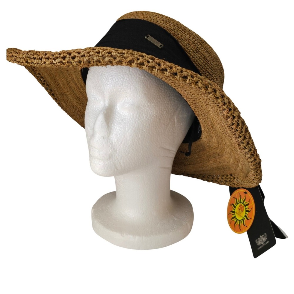 Angela & William Women Raffia Straw Wide Brim Sun Hat Brown Black Bow UPF 50+